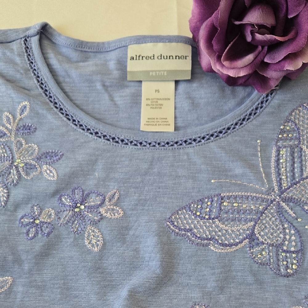 Alfred Dunner Petite Small Purple Embellished Butterfly Rhinestone Tee NWT